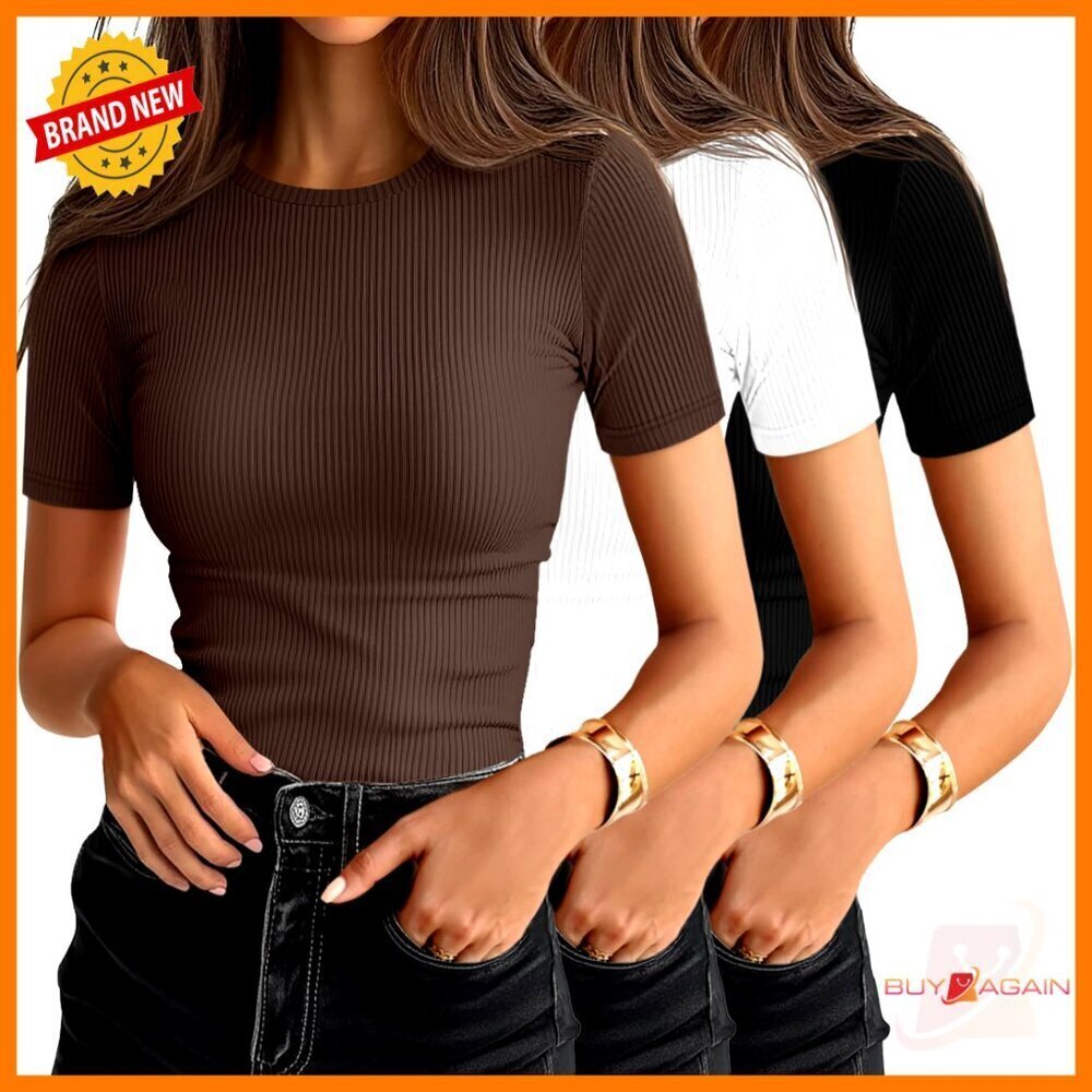 Ribbed Cotton T-Shirts Short Sleeve Crewneck Fitted Tops Casual Basic Tees